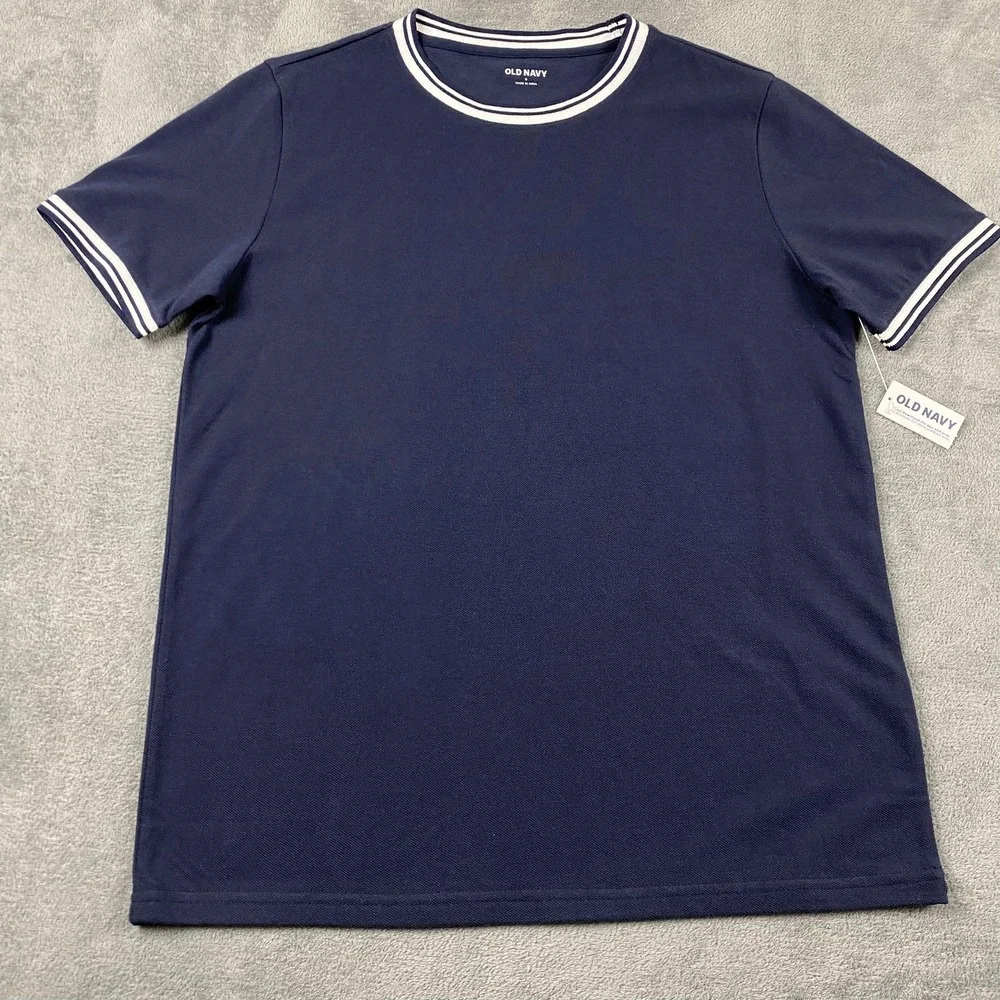 Old Navy Mens S T-Shirt Navy Blue Pique Knit White Contrast Trim NWT